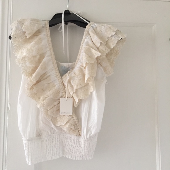 Jennifer & Grace Tops - Jennifer & Grace Beige White Eyelet Flutter Top
